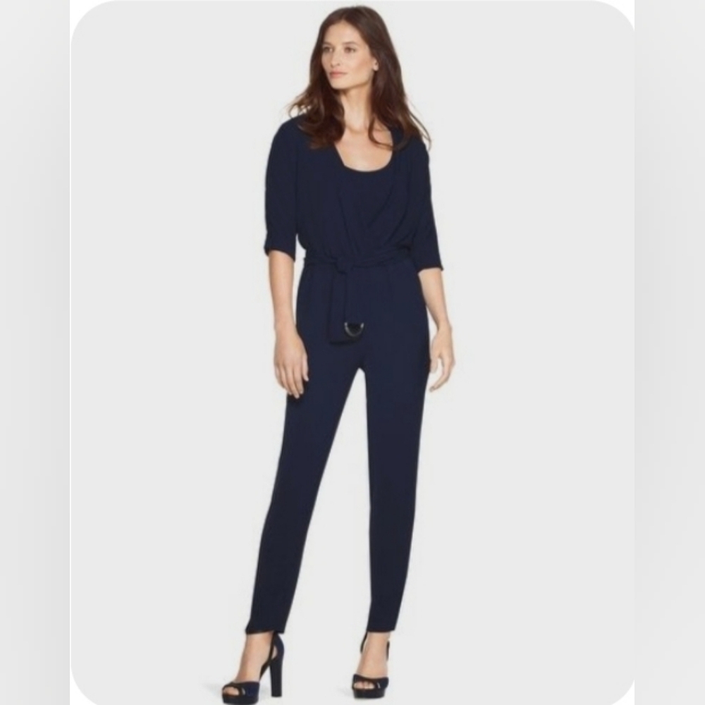 EUC White House Black Market Navy Blue Surplice 3/4 Sleeve Jumpsuit Size 0
